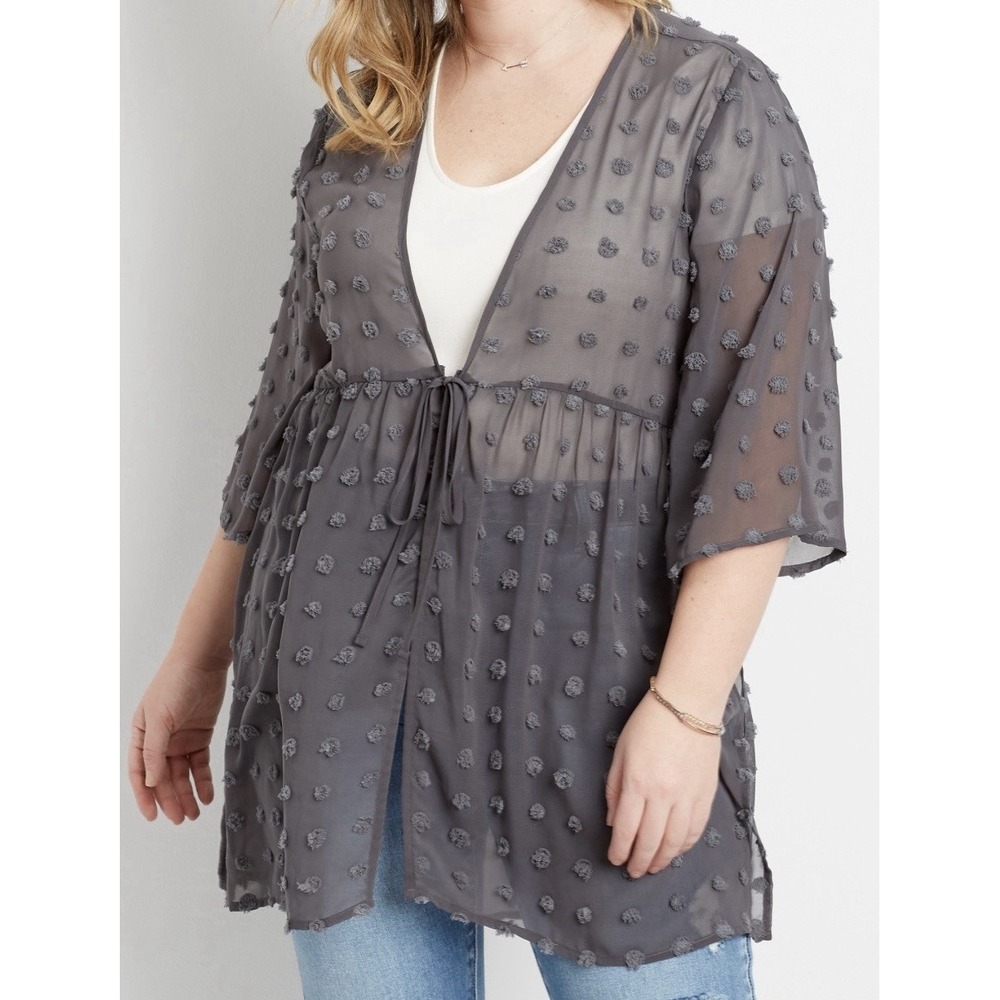 Maurices Gray Clip Dot Tie Front Kimono Womens XL Sheer 3/4 Sleeve Duster